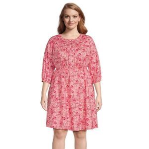 TERRA & SKY Fit & Flare Button Front Dress Womens Size 14W Pink Red Floral NWT